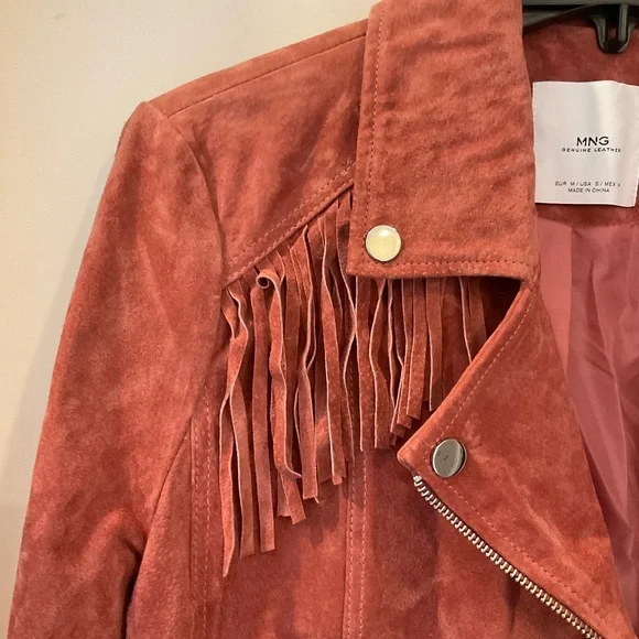 MNG Mango Leather biker fringed jacket with zipper detail, mauve color, Sz M - Picture 6 of 16